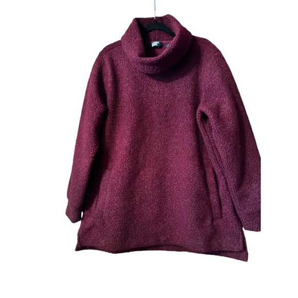 Lands End Heavy wgt sherpa pullover turtleneck tunic oxblood w/pockets L - Picture 1 of 6